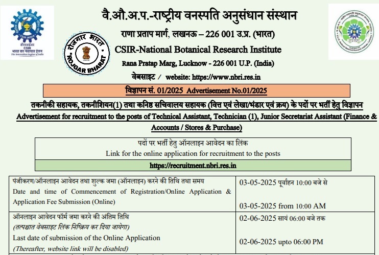 CSIR NBRI Lucknow Various Post Recruitment 2025
